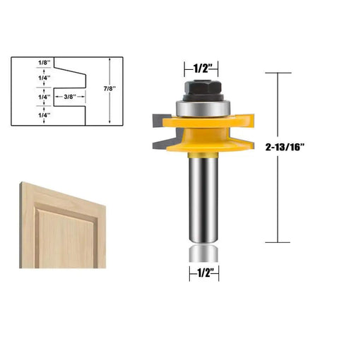Pro Grade 3 Piece Router Bit Set With Half Inch Shank for raised panel cabinet doors, showing bit dimensions and use in door panel.