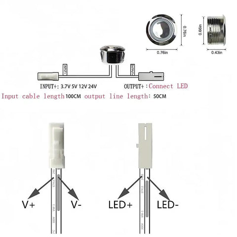 Wiring diagram for Hidden Touch Dimmer Switch For 12V 24V LED Strips Stepless Brightness Controller with dimensions