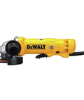 Side view of a yellow four and a half inch angle grinder with eleven amp motor and eleven thousand RPM power, showing dust ejection system.
