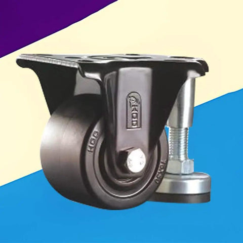 Four Piece Heavy Duty Furniture Casters Beefy Swivel Rollers With Slick Rubber Tread And Industrial Grade Brackets close-up view showing swivel roller and steel bracket.