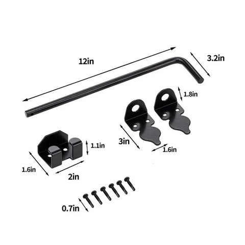 12 Inch Slide Bolt Latch Kit Drop Rod Gate Lock For Fence Courtyard And Outdoor Doors Heavy Duty with components and measurements
