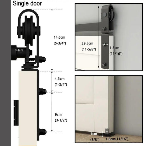 Diagram showing dimensions of Bi-Folding Sliding Barn Door Hardware Track Kit For Two Doors, emphasizing component measurements.