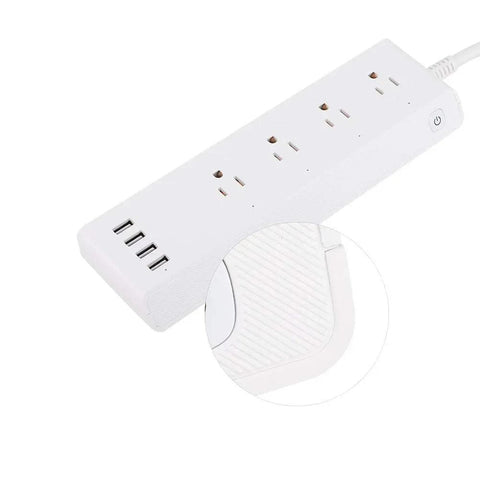 Totally Smooth Smart Power Strip With Four Wall Outlets And Four USB Charging Ports shown from above, featuring a compact design and fireproof material.