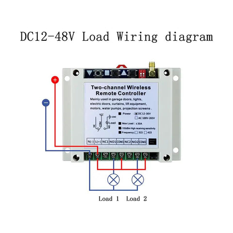 Wiring diagram for Wireless 2 Channel 30A Relay Remote Control Switch with 12-48V support and forward-reverse capability.
