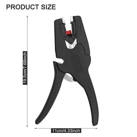 Automatic Wire Stripper And Cutter 2 In 1 For 32-7 AWG Wires, product size dimensions 19.5cm by 11cm, black tool in profile view