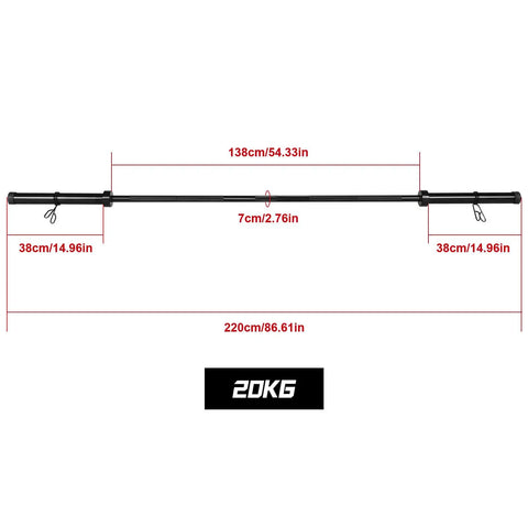 Diagram of 2.2m Straight Power Barbell Bar With 1000 Lbs Weight Capacity showing detailed measurements and parts.