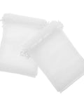 White Organza Drawstring Favor Bags Pack Of 100 Reusable Mesh Pouches for weddings, shown in a pile.
