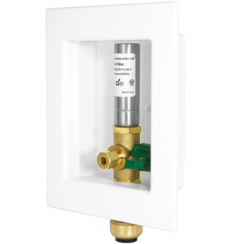 Push Fit Ice Maker Outlet Box With 1/2 Inlet, 1/4 In OD Outlet Compression, Brass Valve, and Copper Hammer Arrestor in frame