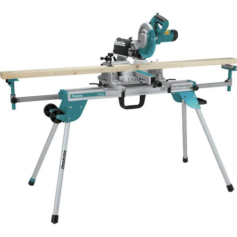 Compact Folding Miter Saw Stand With Lightweight Aluminum Tubular Frame Large Wheels And Side Handle For Easy Job Site Transport