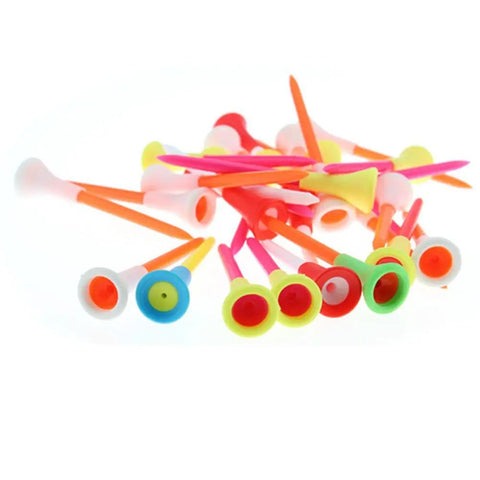 Mixed color Rubber Cushioned Top Plastic Golf Tees, 3.25 inch, 50 pack, featuring smooth tee shots and soft rubber tip protection