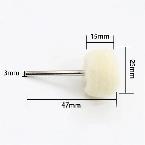 Pro Grade Mini Wool Polishing Brush Wheel Set For Drill Rotary Tools, with dimensions shown, 3mm shank