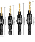 Four Piece Diy Woodworking Countersink Drill Bit Set With One Quarter Inch Hex Shank And L Wrench for drilling and finishing