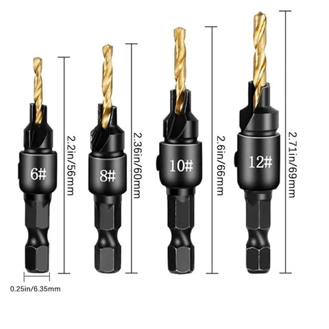 Four Piece Diy Woodworking Countersink Drill Bit Set With One Quarter Inch Hex Shank And L Wrench for drilling and finishing