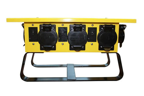 Pro Grade Job Site Power Distribution Workhorse With Beefy Durable Exterior And Six Nema L5 20r Plus One L6 30 Locking Receptacles show front view.