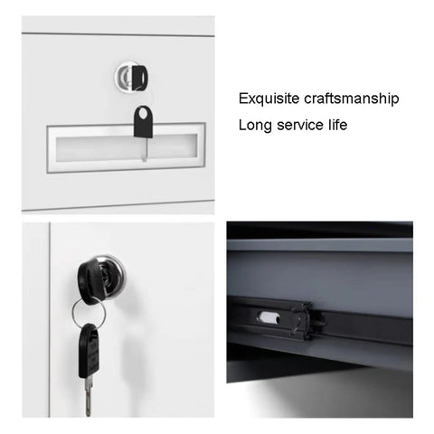 Close-up of Vertical 4 Drawer Locking File Cabinet For Home Office Under Desk Storage Space Saver Metal Filing Cabinet With Interlock System Keeps Papers Secure And Neat Letter Size Easy Assembly Sleek Steel Design For Small Spaces showing lock, key, and drawer detail.