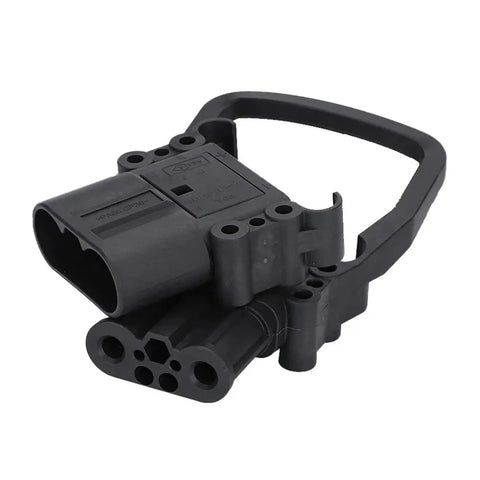 Premium Grade Heavy Duty Forklift Power Connector close-up, black plastic male female plug for battery wiring harness.