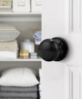 10 Pack Classic Closet Dummy Door Knobs, Non Turning, Single Side Surface Mounted, Black Interior Doorknobs, Easy Install, shown on white door