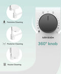 Ultra Slim Toilet Bidet Attachment With Dual Detachable Nozzles Self Cleaning Mode Adjustable Water Pressure Easy Install Save On Toilet Paper And Keeps You Fresh, close-up of control knob and cleaning functions.