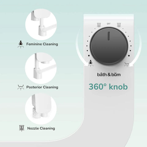 Ultra Slim Toilet Bidet Attachment With Dual Detachable Nozzles Self Cleaning Mode Adjustable Water Pressure Easy Install Save On Toilet Paper And Keeps You Fresh, close-up of control knob and cleaning functions.