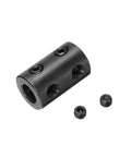 Two Pack Shaft Couplings With Five Sixteenth Inch Bore And Five Eighth Inch Outer Diameter One Inch Long Black Oxide Steel Rigid Coupling With Four Set Screws For Torque Transfer In DIY Motors Wheels And Machinery, showing black coupling with screws