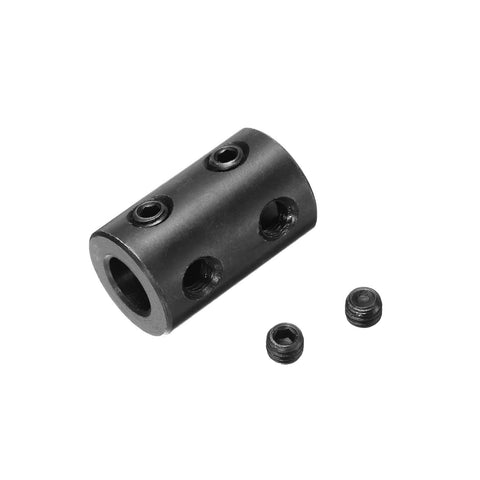 Two Pack Shaft Couplings With Five Sixteenth Inch Bore And Five Eighth Inch Outer Diameter One Inch Long Black Oxide Steel Rigid Coupling With Four Set Screws For Torque Transfer In DIY Motors Wheels And Machinery, showing black coupling with screws