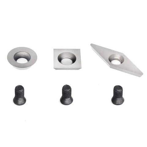 Ridiculously Sharp Carbide Replacement Inserts For Mini Wood Lathes Tough Square Round And Diamond Cutters with mounting screws.