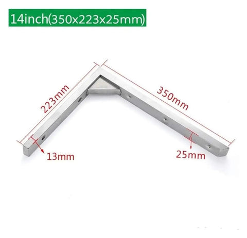 Rock Solid Stainless Steel Corner Bracket With Reinforced L Brace Design For Wall Mounted Shelving and Heavy Load Support No Sweat Setup Built Tough For Garage Workshop Diy Projects 14 inch size with measurements.