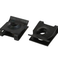 20 Piece Pack Of Badass Spring Steel U Nut Clips With Sharp Black Oxide Finish Fits M5 And ST4.8 Bolts close-up view of two clips