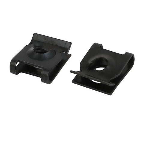 20 Piece Pack Of Badass Spring Steel U Nut Clips With Sharp Black Oxide Finish Fits M5 And ST4.8 Bolts close-up view of two clips