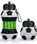 Grab and Go Foldable Silicone Water Bottle 550ml designed like a soccer ball, shown expanded and collapsed, with a clip