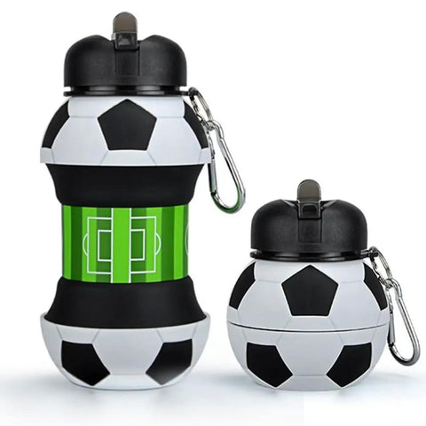 Grab and Go Foldable Silicone Water Bottle 550ml designed like a soccer ball, shown expanded and collapsed, with a clip