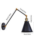 Heavy Duty Metal Swing Arm Wall Sconce With Slick Black Finish And Smooth Swivel Joint For Cozy Bedroom Reading And Chill Hallway Ambiance That Drops Major Style Points On Any Wall, detailed dimensions shown.