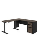 Badass L Shaped Standing Desk With Three Drawer Pedestal Scratch Resistant Laminate Top One Inch Thick Heavy Duty Pro Gear Boss Move Home Office Bundle Complete Set side view with electric lift.