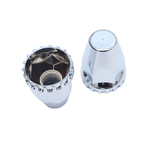 Chrome ABS Hubcap Front Axle Covers Set With 33mm Thread On Lug Nut Covers for semi trucks, close-up of two lug covers.