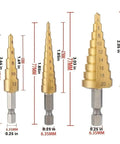 Three titanium coated HSS step drill bits for wood and metal, shown in various sizes, with measurement guides and stepped design.