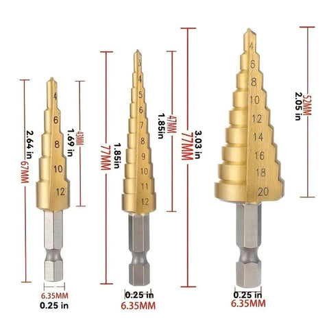 Three titanium coated HSS step drill bits for wood and metal, shown in various sizes, with measurement guides and stepped design.