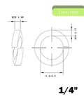 1/4 in stainless steel split lock washer, 18-8 (304); front and side views; 100 pcs pack.