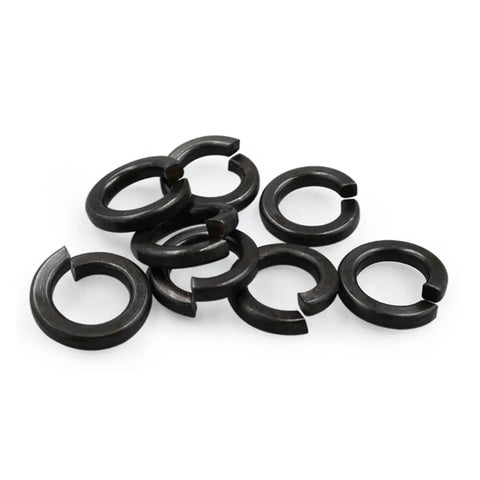 Spring Lock Washers Steel Black For M3 Through M16 Level 8 50 Pack Heavy Duty Fasteners Set shown in a pile, close-up view.