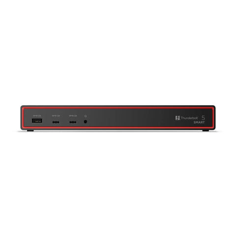 Plug And Play Thunderbolt 5 Docking Station Boasting 180W Output For Smooth Triple 8K Displays And Snappy Data Transfers For High Performance Workstation Setups Black, front view showing ports.