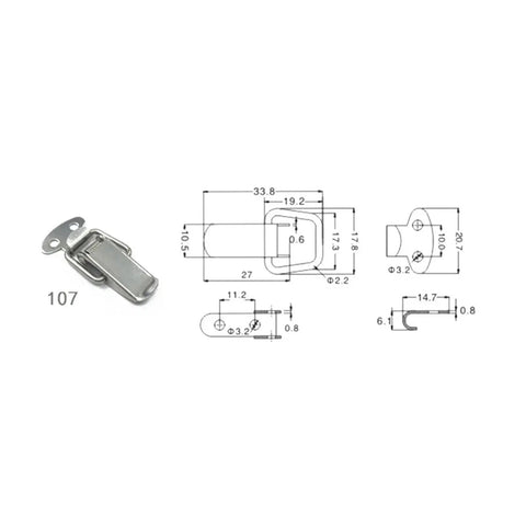 Diagram of spring-loaded stainless steel toggle latch kit for cabinets with measurements, part of 6 pack cap catch design hardware.