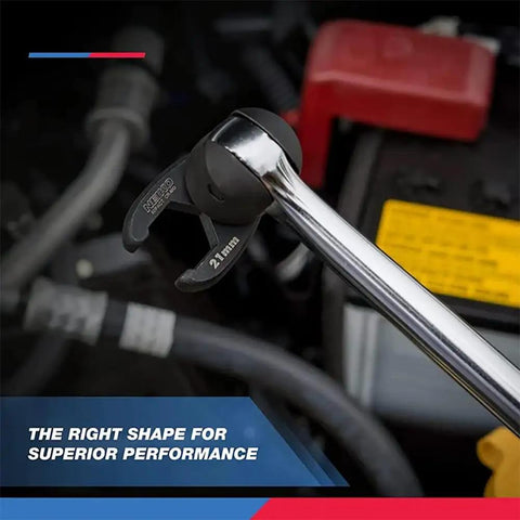 Badass Crowfoot Wrench Set With 1/2 And 3/8 Inch Drives, 15 Piece Metric Flare Nut Wrenches From 8Mm To 24Mm, showing a 21mm crowfoot wrench in an engine bay.