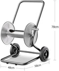 Heavy Duty Metal Hose Reel Cart, Built Like A Tank Outdoor Garden Drum, side view showing stainless steel construction and wheels.