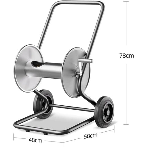 Heavy Duty Metal Hose Reel Cart, Built Like A Tank Outdoor Garden Drum, side view showing stainless steel construction and wheels.