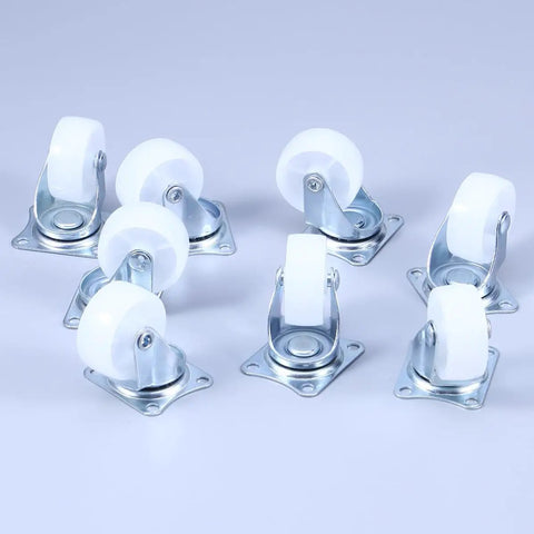 8 Pcs Inch PP Swivel Caster for Furniture and Office Chairs with white wheels and metal bases, ideal for smooth rolling.
