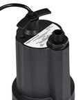 One Quarter HP Submersible Utility Pump With Thermoplastic Build, 31 GPM Flow, side view of black housing and connector detail