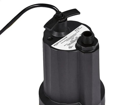 One Quarter HP Submersible Utility Pump With Thermoplastic Build, 31 GPM Flow, side view of black housing and connector detail