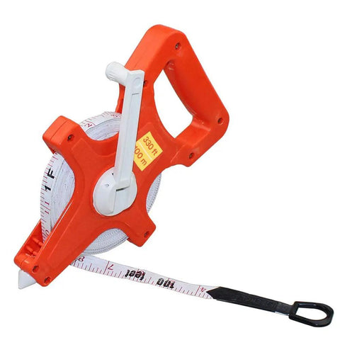 Open Reel Tape Measure With Retractable Blade, 300 Feet Dual Sided Tape For Track And Field, sturdy orange frame with wind crank