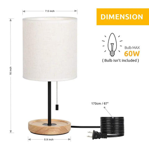 Modern Wood Bedside Lamp With Linen Fabric Shade And Sturdy Base, 16 Inch Tall, dimensions and cord length shown.