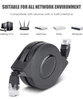 CAT6 Ethernet Cable With Retractable Flat Design, Adjustable Length RJ45 Patch Cable, 2m Long, Black, shown coiled.
