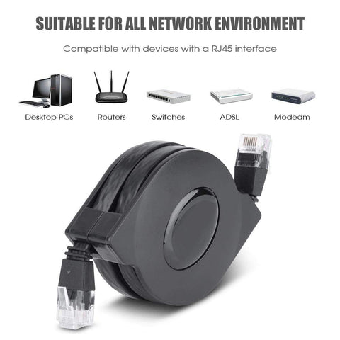 CAT6 Ethernet Cable With Retractable Flat Design, Adjustable Length RJ45 Patch Cable, 2m Long, Black, shown coiled.